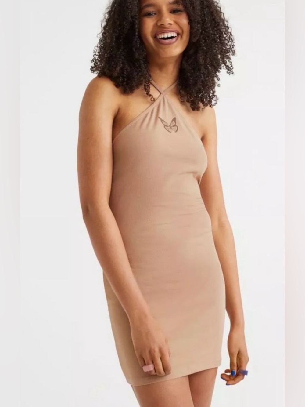 NEW Divided by H&M Halter Bodycon‎ Butterfly Graphic Mini Dress Small Tan Y2K